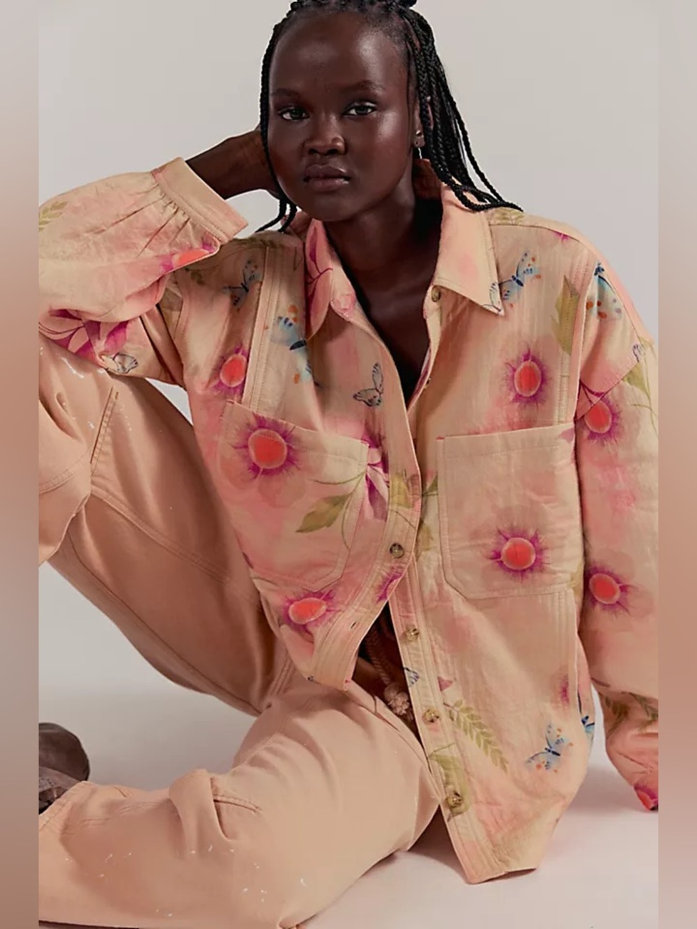 Free People Petina Garden Printed Button Down Floral Butterfly XS Peach Pink